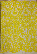 Heart Damask Sequins - Yellow on Nude - 4 Way Stretch Elegant Shiny Net Sequins Fabric By Yard