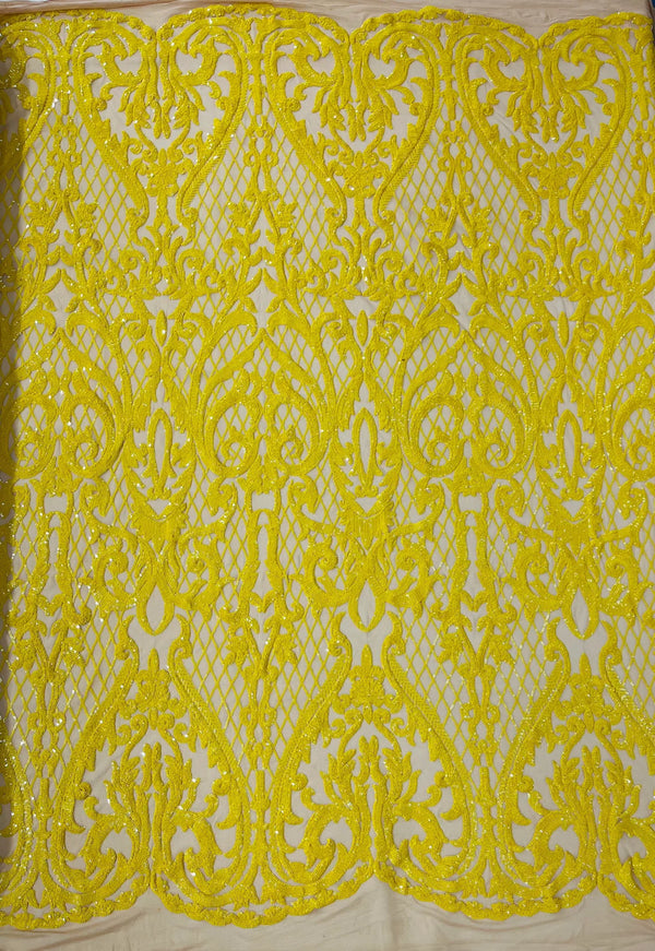 Heart Damask Sequins - Yellow on Nude - 4 Way Stretch Elegant Shiny Net Sequins Fabric By Yard