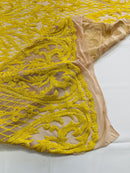 Heart Damask Sequins - Yellow on Nude - 4 Way Stretch Elegant Shiny Net Sequins Fabric By Yard