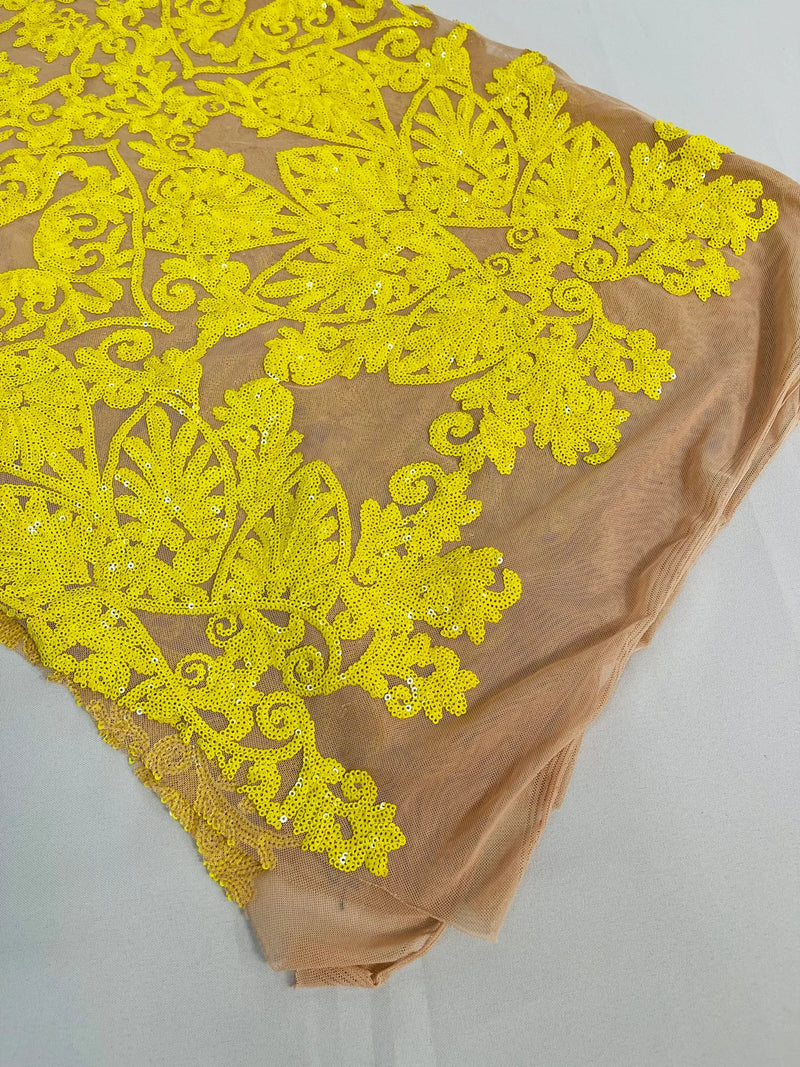 Damask Heart Design - Yellow on Nude- Damask with Heart Design Sequins on Mesh By Yard