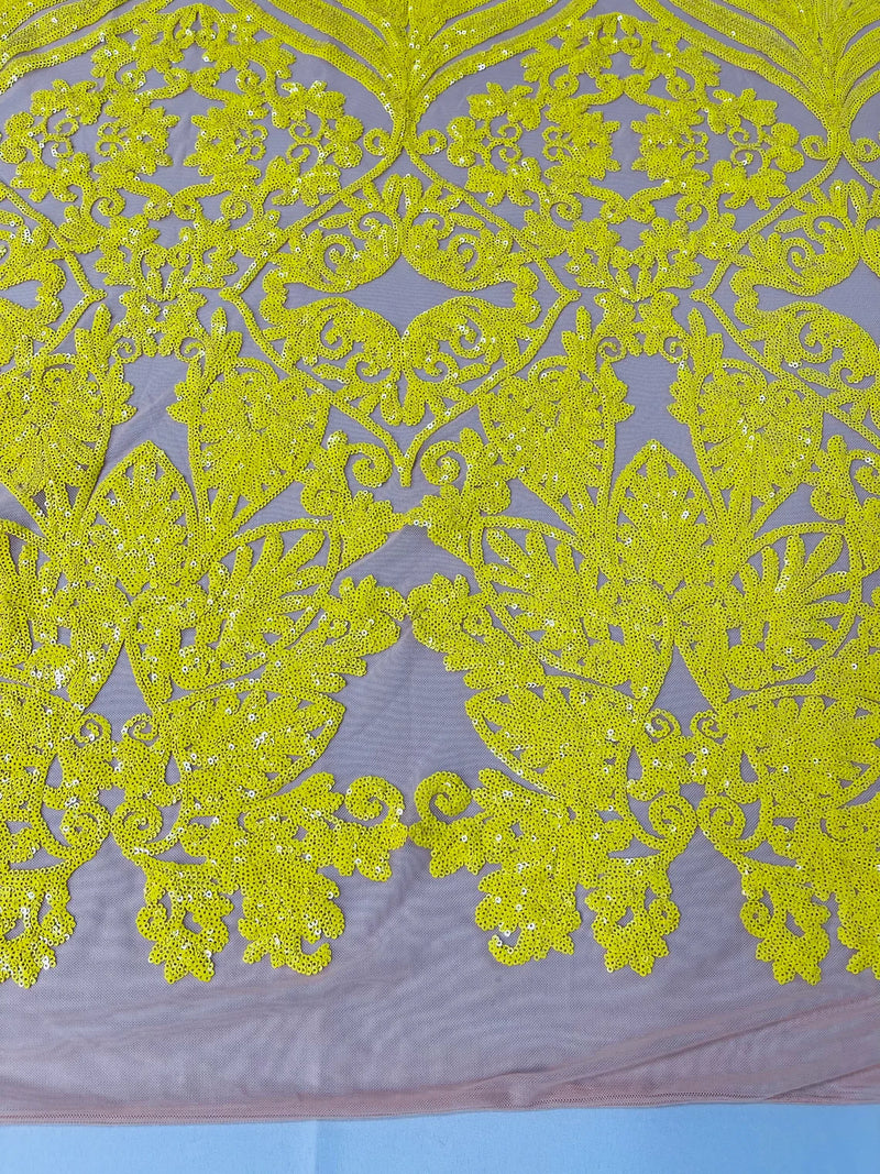 Damask Heart Design - Yellow on Nude- Damask with Heart Design Sequins on Mesh By Yard