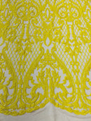 Heart Damask Sequins - Yellow on Nude - 4 Way Stretch Elegant Shiny Net Sequins Fabric By Yard
