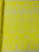 Big Damask Sequins Fabric - Yellow on Yellow - 4 Way Stretch Damask Sequins Design Fabric By Yard
