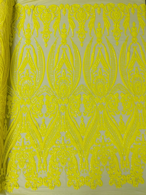 Big Damask Sequins Fabric - Yellow on Yellow - 4 Way Stretch Damask Sequins Design Fabric By Yard