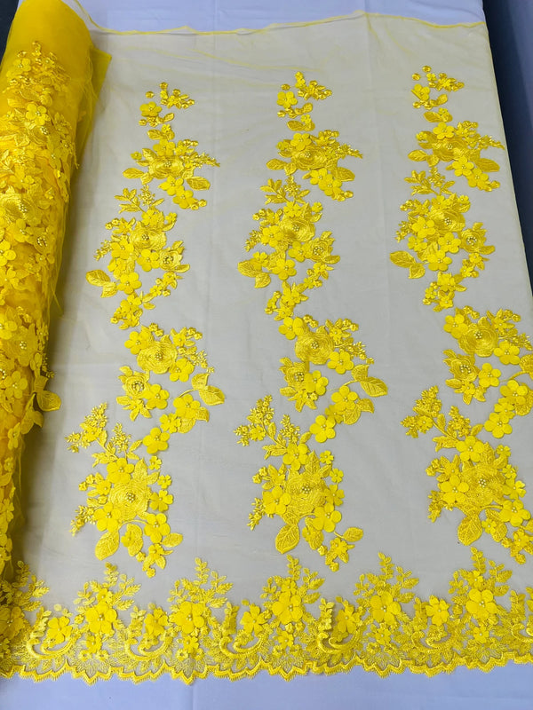 Floral 3D Rose Fabric - Yellow - Embroided Rose Flower Design Fabric Sold by Yard