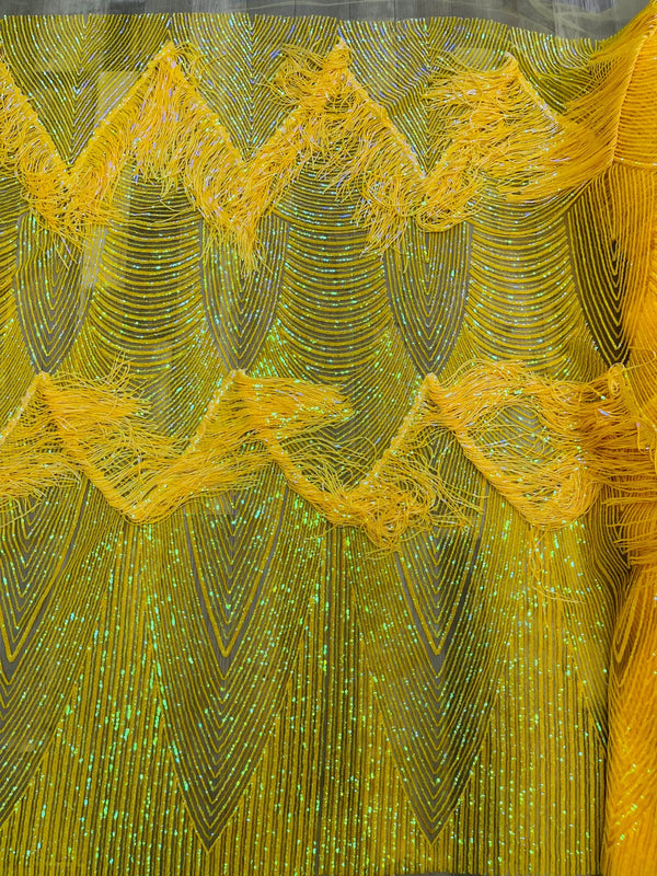Fringe Sequins Fabric - Yellow - 2 Way Stretch Glamorous Fringe Design on Mesh By Yard