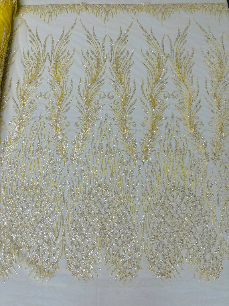 Heart & Feather Pattern Fabric - Yellow - Embroidered Elegant Design with Beads Mesh Fabric Sold By Yard