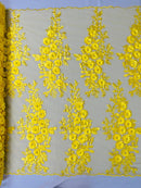 3D Rhinestone Rose Fabric - Yellow - Embroidered 3D Roses Design on Mesh Fabric Sold by Yard