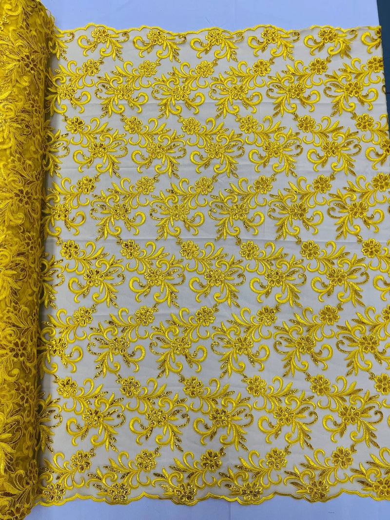 Small Flower Fabric - Yellow - Floral Plant Embroidered Design on Lace Mesh By Yard