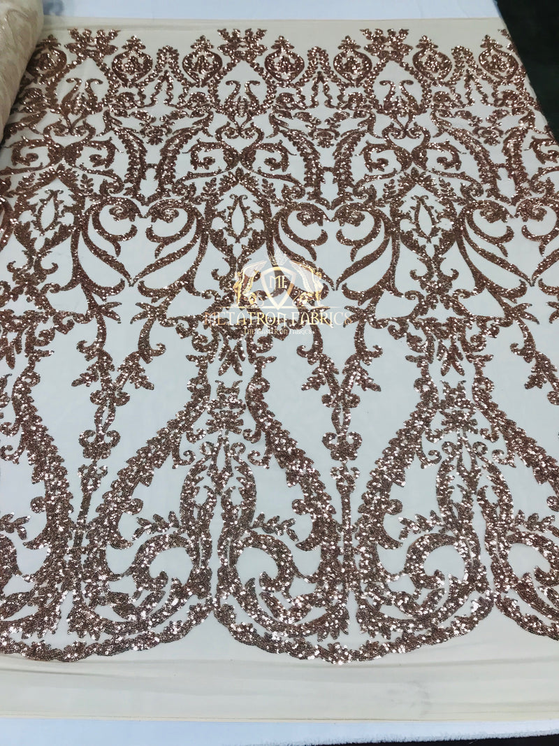 4 Way Stretch - Rose Gold - Sequins Damask Design Fabric Embroidered On Mesh Sold By The Yard