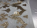 4 Way Stretch - White and Gold - Two Tone Flower Design Sequins On Stretch Mesh By The Yard