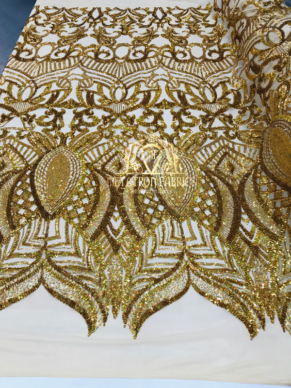 Hologram Gold - 4 Way Stretch Embroidered Royalty Sequins Design Fabric By Yard