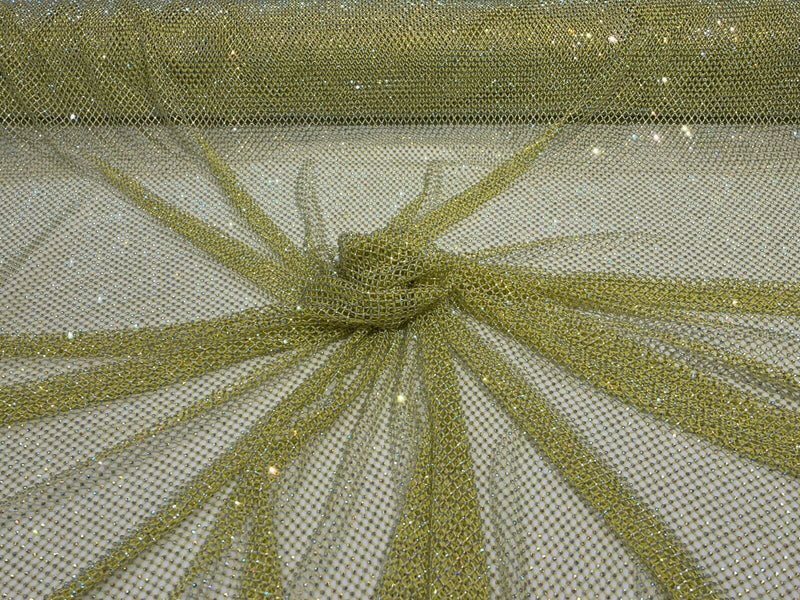 Iridescent Rhinestones Fabric On Yellow Stretch Net Fabric, Fish Net with Crystal Stones by yard
