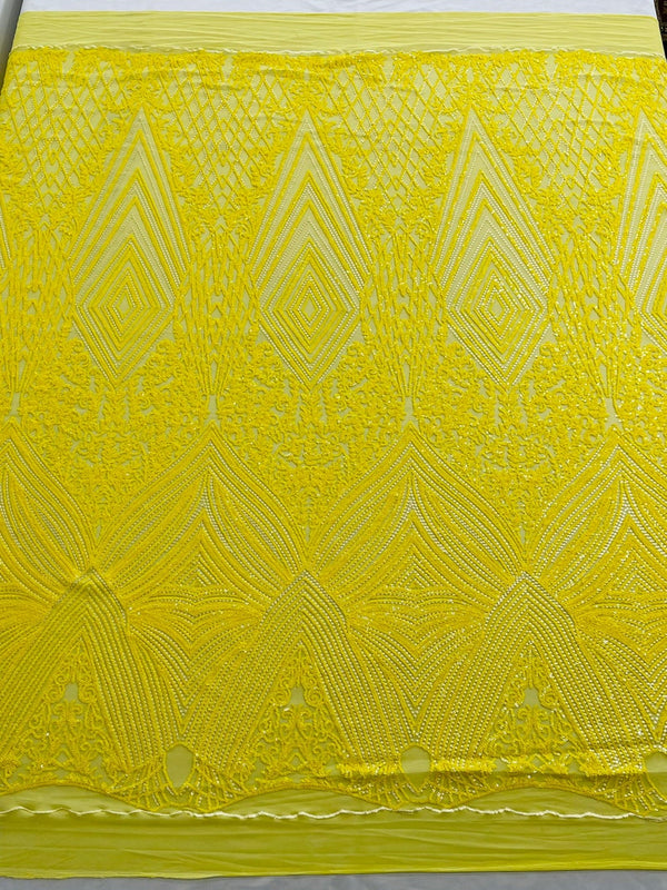 Yellow Sequins Fabric on a Mesh, GEOMETRIC Design 4 way Stretch By The Yard