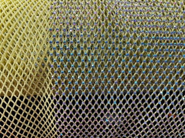 Iridescent Rhinestones Fabric On Yellow Stretch Net Fabric, Fish Net with Crystal Stones by yard