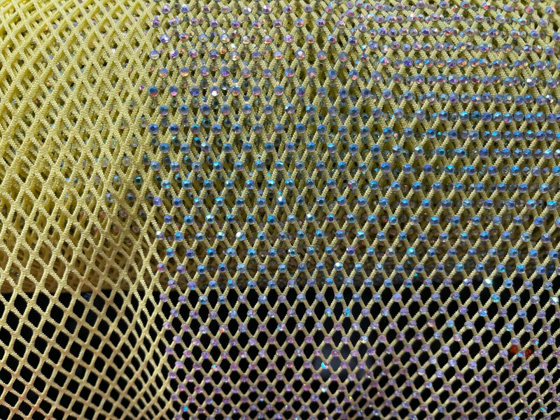 Iridescent Rhinestones Fabric On Yellow Stretch Net Fabric, Fish Net w