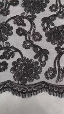 Corded Sequins Flower Lace - Black - Corded Floral Lace With Sequins Sold By Yard