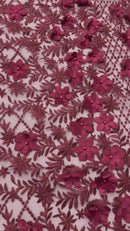 3D Floral Pearl Fabric - Burgundy - 3D Triangle Flower Design on Mesh By Yard