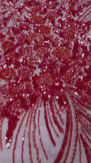 Beaded Floral Line Fabric - Red - Beaded Embroidered Lines and Flowers on Mesh By Yard