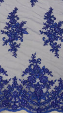 Beaded Shiny Floral Cluster - Royal Blue - Embroidered Luxury Floral Design by Yard