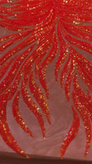 Angel Wing Sequin Design - Orange - Wing Patterns Embroidered with Sequins on Orange Mesh By Yard