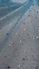 Foil Star Organza - Silver On Turquoise - 60" Sheer Silver Star Organza Fabric Sold By Yard