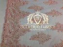 Lace Fabric - Blush Peach - Corded Flowers Embroidery With Sequins On Mesh Sold By The Yard