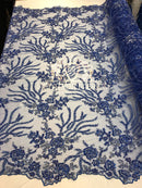 Beaded - Royal Blue - Fancy Flower Design Sequins Fabric with Beads Sold By The Yard