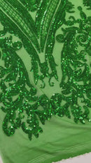 Big Damask Sequins Fabric - Emerald - 4 Way Stretch Damask Sequins Design Fabric By Yard