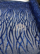 4 Way Stretch - Royal Blue - Vines Design Sequins Fabric Embroidered On Mesh Sold By The Yard