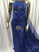 4 Way Stretch - Royal Blue - Vines Design Sequins Fabric Embroidered On Mesh Sold By The Yard