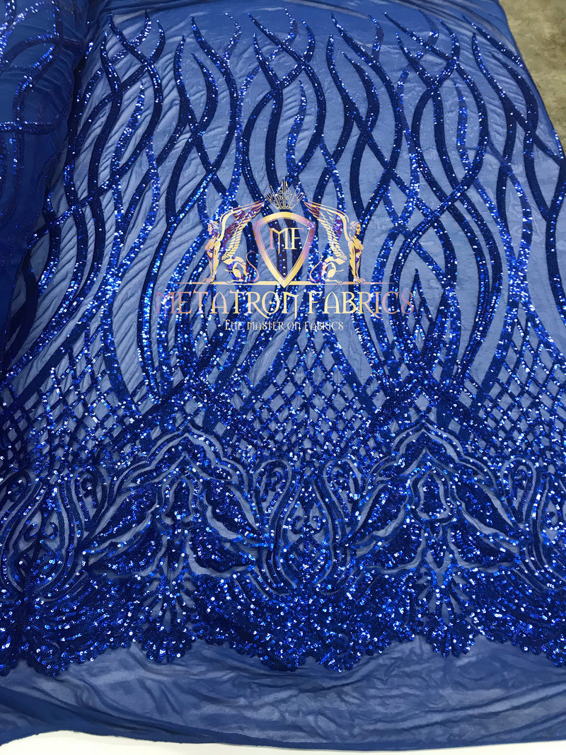 4 Way Stretch - Royal Blue - Vines Design Sequins Fabric Embroidered On Mesh Sold By The Yard