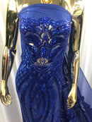 4 Way Stretch - Royal Blue - Vines Design Sequins Fabric Embroidered On Mesh Sold By The Yard