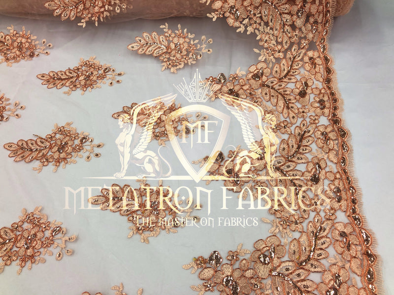Lace Fabric - Blush Peach - Corded Flowers Embroidery With Sequins On Mesh Sold By The Yard