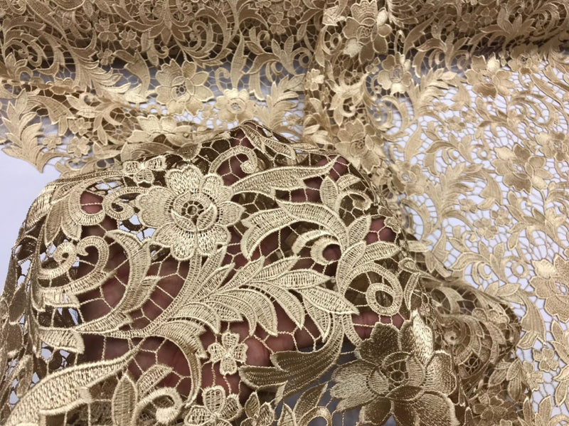 Guipure Lace Fabric - Gold - Embroidered Floral Bridal Lace Guipure We