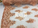 Lace Fabric - Blush Peach - Corded Flowers Embroidery With Sequins On Mesh Sold By The Yard