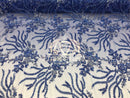 Beaded - Royal Blue - Fancy Flower Design Sequins Fabric with Beads Sold By The Yard