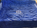 4 Way Stretch - Royal Blue - Vines Design Sequins Fabric Embroidered On Mesh Sold By The Yard