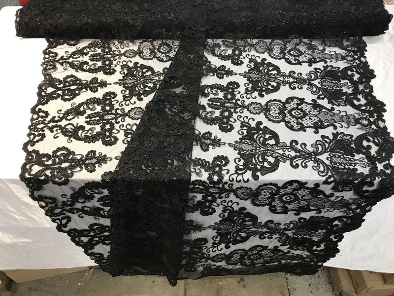 Floral - Black - Embroided Lace Fabric Damask Pattern - Beautiful Fabrics Sold by The Yard