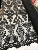 Floral - Black - Embroided Lace Fabric Damask Pattern - Beautiful Fabrics Sold by The Yard