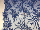 Beaded - Royal Blue - Fancy Flower Design Sequins Fabric with Beads Sold By The Yard