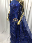 4 Way Stretch - Royal Blue - Vines Design Sequins Fabric Embroidered On Mesh Sold By The Yard