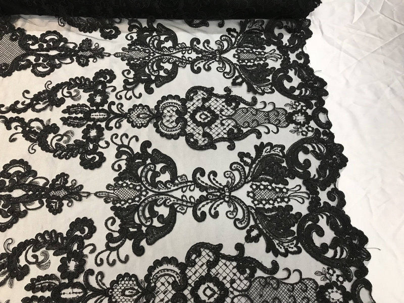 Floral - Black - Embroided Lace Fabric Damask Pattern - Beautiful Fabrics Sold by The Yard