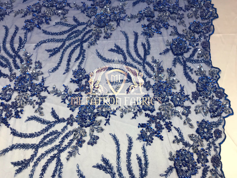 Beaded - Royal Blue - Fancy Flower Design Sequins Fabric with Beads Sold By The Yard