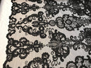 Floral - Black - Embroided Lace Fabric Damask Pattern - Beautiful Fabrics Sold by The Yard