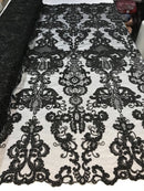 Floral - Black - Embroided Lace Fabric Damask Pattern - Beautiful Fabrics Sold by The Yard
