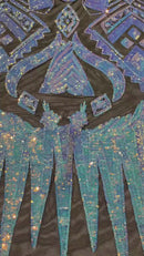 Aqua Iridescent Sequin Fabric, by the yard - Black Mesh 4 Way Stretch Aztec Design