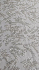 Leaf Plant Cluster Design Fabric - Clear Blush on Mesh - Beaded Embroidered Leaves Design on Lace Mesh By Yard