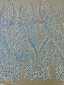Big Damask Sequins Fabric - Aqua Iridescent - 4 Way Stretch Damask Sequins Design Fabric By Yard