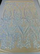 Big Damask Sequins Fabric - Aqua Iridescent - 4 Way Stretch Damask Sequins Design Fabric By Yard